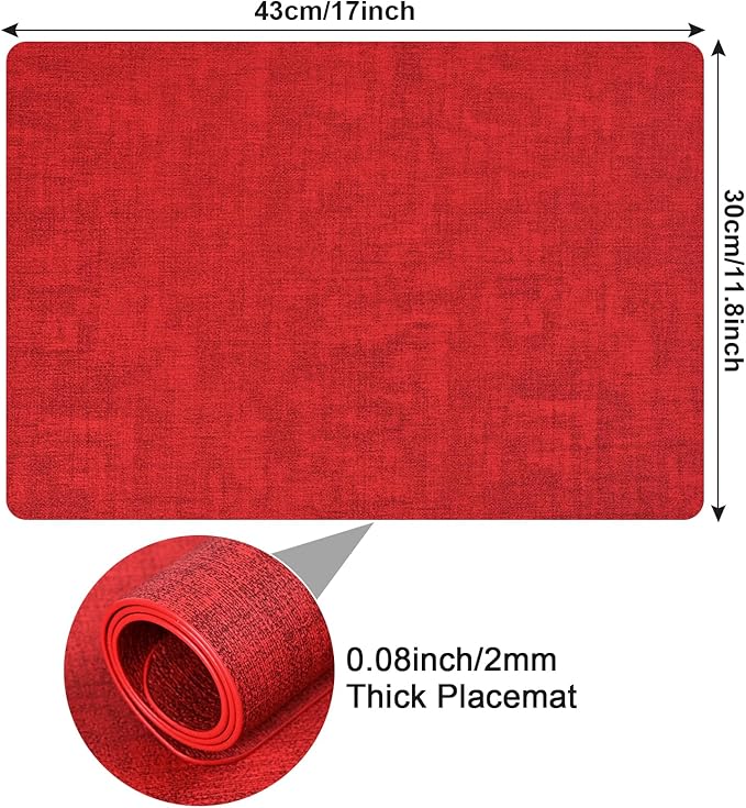 Boobezeen Faux Leather Placemats Set of 6, Heat Resistant Wipeable Washable Vinyl Place Mats, Waterproof Anti-Slip Dining Table Mats, Suitable for Indoor & Outdoor Use (red)