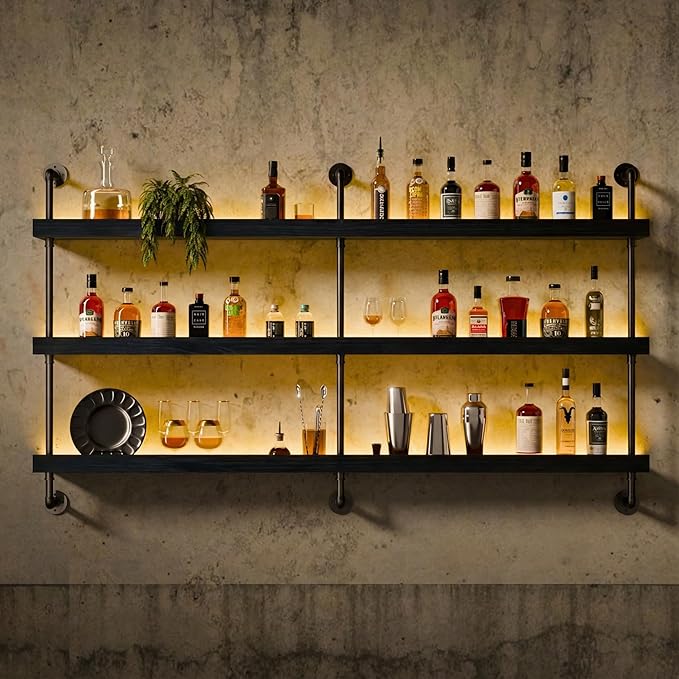 Wall Mounted Wine Rack with LED Light, LED Industrial Pipe Liquor Bar Shelves, 3-Tier Rustic Hanging Organizer for Wine Bottle Storage in Kitchen, Bar, Pub, Cellar(Black, 60 Inch)