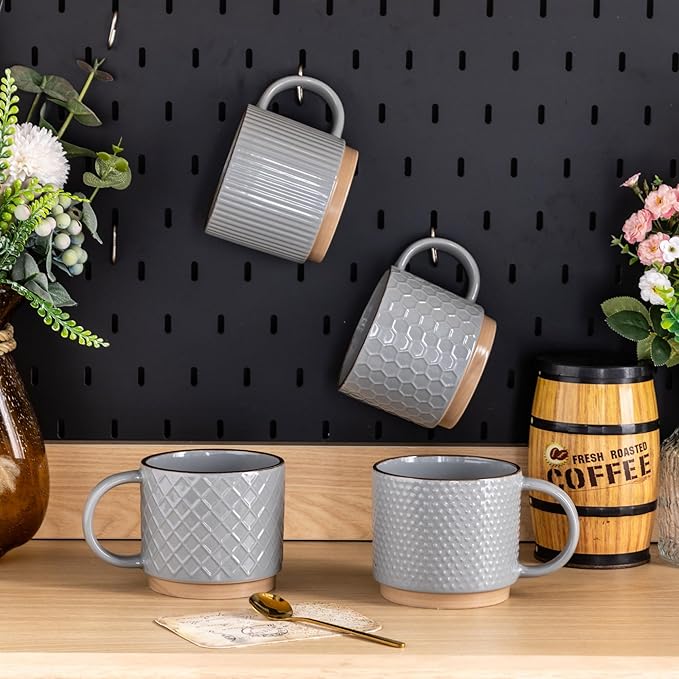 GBhome 15OZ Stackable Coffee Mugs, Ceramic Coffee Mugs with Texture Patterns for Man,Woman,Dad,Mom, Modern Coffee Cups Set of 4 for Latte/Cappuccino/Cocoa. Dishwasher&Microwave Safe, Gray