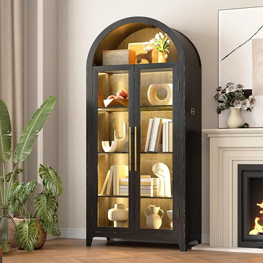 Vlsrka 71" Arched Storage Cabinet with Doors, Display Cabinet with LED Light & Human Sensor, 5-Tier Display Cases for Collectibles, Curio Cabinet with Ajustable Shelf for Living Room(Black)