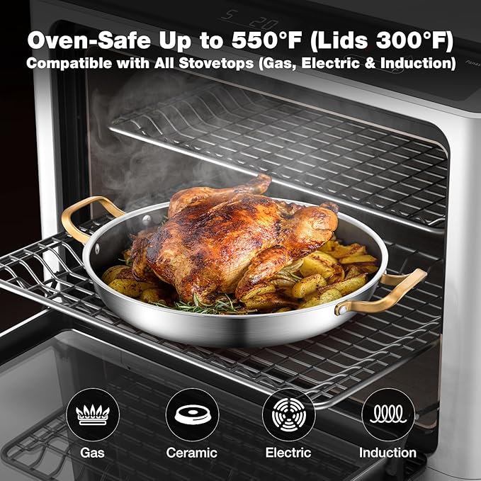 14 Inch Stainless Steel Paella Pan with Lid,Frying Pan, Tri-Ply Even Heating, Induction Ready & Dishwasher Safe ??Great for Camping, Parties, Family Gatherings