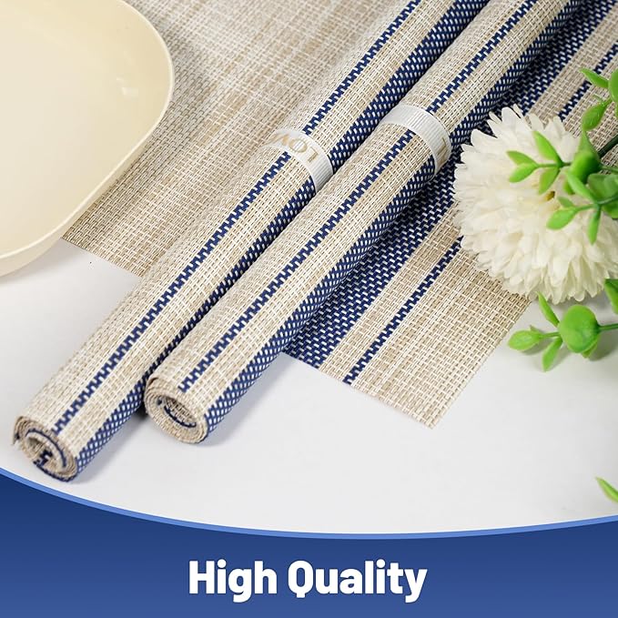 flohar Placemats Set of 12竊똍on-Slip PVC Weave Table Mats Easy to Clean竊똇eat Resistant Place Mats for Kitchen Dining Table Decoration Indoor Outdoor竊똊haki Blue