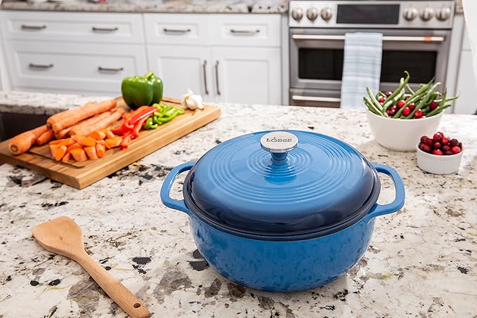 Lodge 6 Quart Enameled Cast Iron Dutch Oven with Lid ??Dual Handles ??Oven Safe up to 500째 F or on Stovetop - Use to Marinate, Cook, Bake, Refrigerate and Serve ??Blue