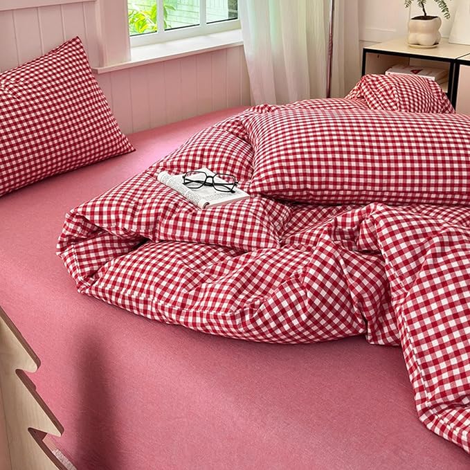 LifeTB Red Gingham Comforter Set Twin XL Modern Style Red Plaid Comforter Set 3 Pieces Soft Fluffy Grid Checkered Pattern Comforter with 2 Pillowcases Farmhouse Gingham Bedding Set Breathable