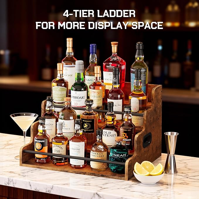 19.6?쓂 x 15.74" D x 12.5" H Inches Versatile 4-Step Coffee Syrup & Water Bottle Organizer Rack Multi-Functional Retro Display Shelf for Kitchen or Bar, Holds Liquor & Spirits, Wooden