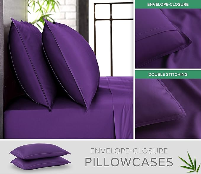 Pure Bamboo King Sheets, Genuine 100% Organic Viscose Derived from Bamboo Bed Sheet Set, Luxuriously Soft & Cooling, Double Stitching, 2 Year Quality Promise (King, Purple)