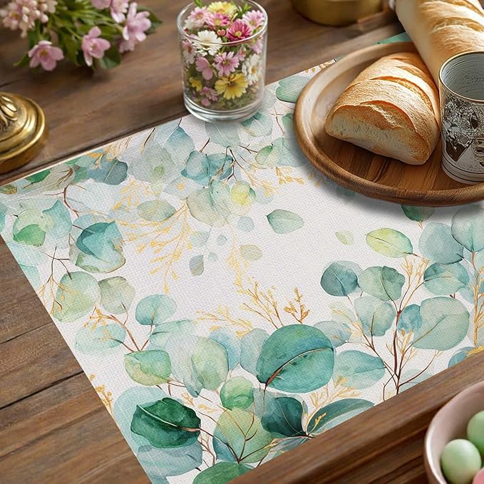 Jauageon Green Eucalyptus Leaves Placemat Set of 4 Spring Plants Placemats Spring Summer Table Mats for Indoor Outdoor Home Party Kitchen Dining Decor Farmhouse Burlap Table Mats 12x18 Inch