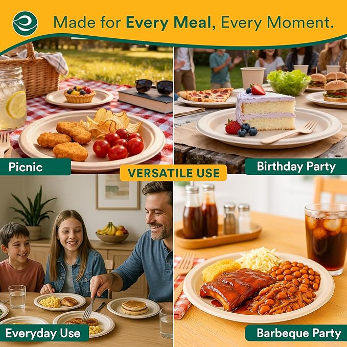 ECO SOUL Compostable 9 Inch(100-Pack) Biodegradable Heavy-Duty Disposable Eco-Friendly Paper Plates for Christmas Dinner & Parties, Wedding, Event