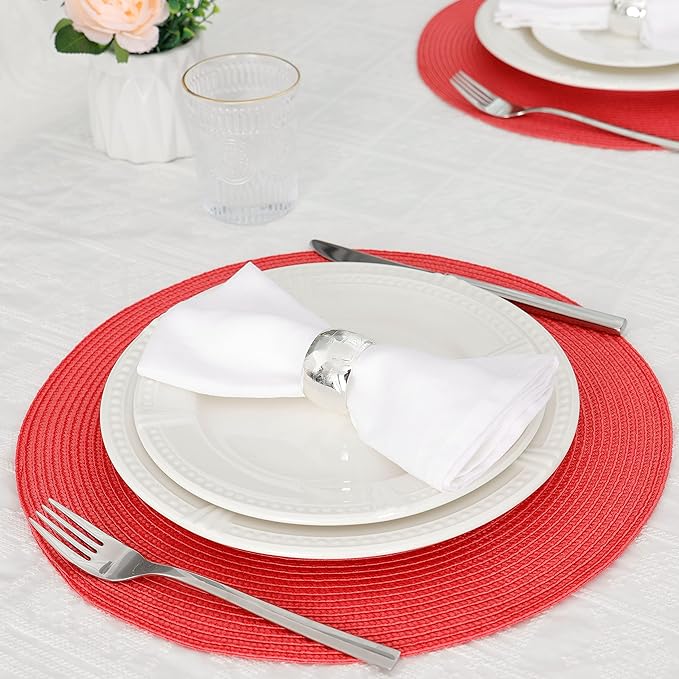 HODJOY Placemats Set of 6, Round Woven Table Mats for Dining Table, Washable Non-Slip Placemats for Christmas, 15 inches (Tango Red)
