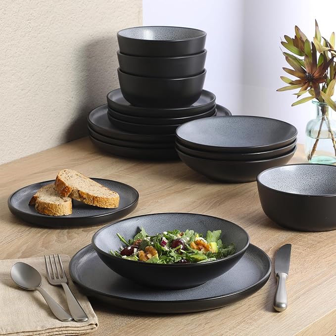 Gibson Elite Tribeca Loft 16-Piece Dinnerware Set ??Matte Black and Blue Reactive Glaze Stoneware, Double Bowl Round Plates and Bowls ??Modern Rustic Dinnerware for 4, Dishwasher & Microwave Safe