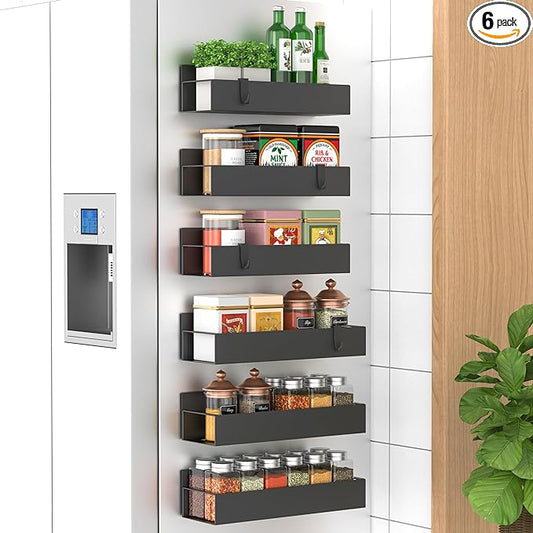 6 Pack Magnetic Spice Storage Rack Organizer for Refrigerator and Oven, Black Fridge Organizers and Storage