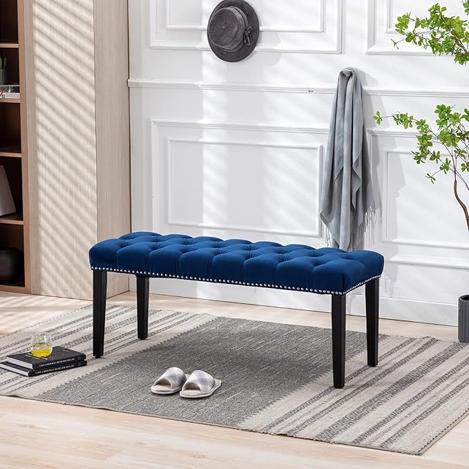 KCC Button-Tufted Ottoman Bench, Upholstered Bedroom Benches Velvet Footrest Stool Accent Bench for Entryway Dining Room Living Room Bedroom End of Bed, Blue