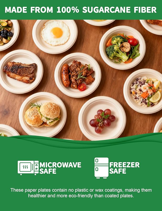 144Pack Disposable Paper Plates 100% Compostable Heavy Duty Paper Plates 7Inch Biodegradable Sugarcane Plate BPI Certified Eco-Friendly Disposable Plate for Desserts, Appetizer, Salad