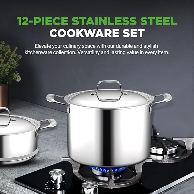 NutriChef 12-Piece Professional Stainless Steel Cookware Set ??Tri-Ply Pots, Ceramic Non-Stick Fry Pans, Induction Compatible, Strong Riveted Handles, Dishwasher Safe