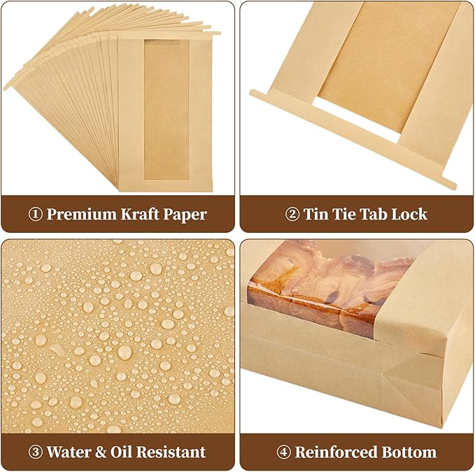 50 PCS Large Paper Bread Bags for Sourdough Bread, 13.7 x 8.2 x 3.5 Inches Bakery Bags with Window, Homemade Bread Loaf Bags with Tin Tie Tab Lock