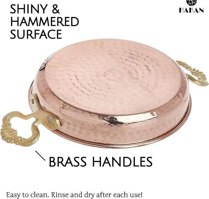 Hakan Copper Egg Pan for Cooking | Handmade Large Frying Pan | Hammered Skillet with Double Handles for Omelette | Authentic Kitchen Cookware & Copper Gifts Idea, 8.7??(22 cm)