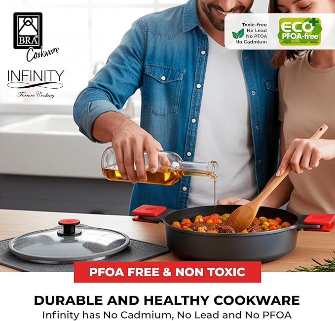 BRA COOKWARE Infinity Dual-Handled Saut챕 Pan w/Glass Lid | 11-Inch 2.95-Quart Shallow Stock Pot | Nonstick Cast Aluminum Everyday Chef Pan | PFAS Free Rondeau Pot | All Cooktops incl. Induction