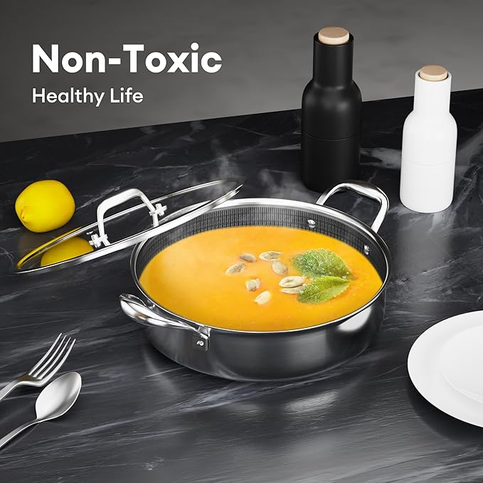 COOKER KING 5QT Stainless Steel Saute Pan with Lid, Hybrid Nonstick Deep Saute Pan, Chicken Fryer, Tri-Ply Clad Even Heat Distribution, Dishwasher-Friendly,Oven Safe to 500째F, Induction Compatible
