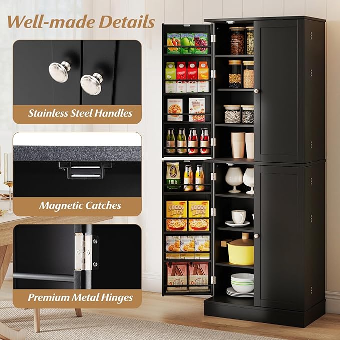 Giantex Kitchen Pantry Cabinet, 65.5" Tall Kitchen Hutch w/8-Tier Storage Cabinet, 16-Tier Door Shelves & Adjustable Shelves, 4-Door Freestanding Buffet Sideboard for Dining Room, Living Room (Black)