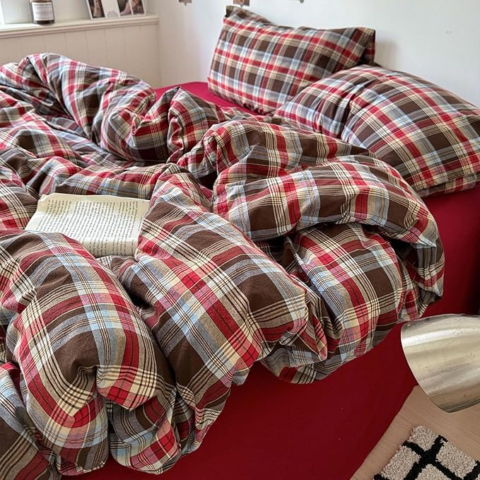 Vintage Buffalo Plaid Comforter Set King Size, 3 Pieces Red Brown Checkered Grid Comforter with 2 Pillowcases, Soft Fluffy Breathable Plaid Printed Gingham Bedding Comforter Set for All Seasons