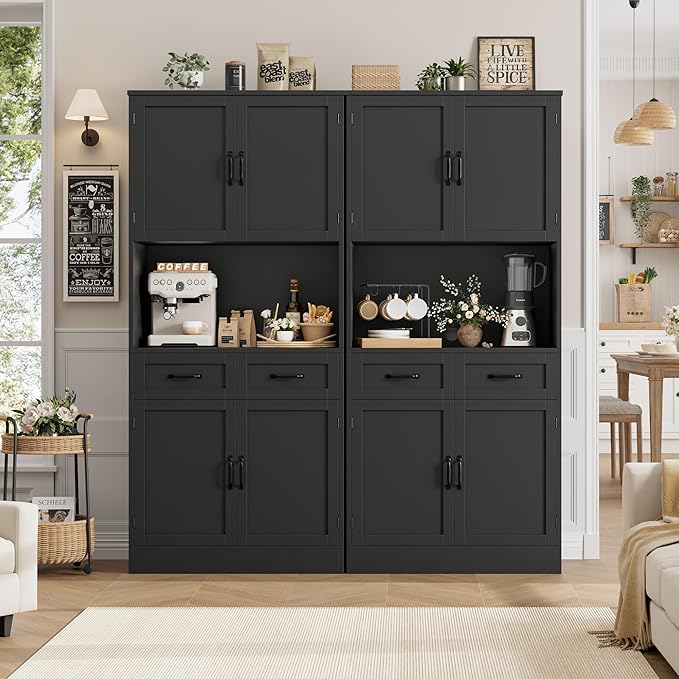 HOSTACK 71??Tall Kitchen Pantry Storage Cabinet, Modern Kitchen Hutch Bar Cabinet with Microwave Stand, Wood Buffet Sideboard with Hutch, Cupboard with Drawers, Shelves for Dining Room, Black