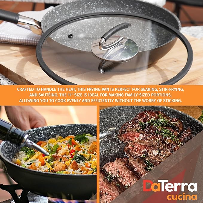 DaTerra Cucina 11" Nonstick Ceramic Frying Pan with Lid ??Oven & Induction Safe, High Heat Resistant Nonstick Cookware, Dishwasher Safe, Durable & Stylish - Volcanic Black Speckled ??Made in Italy