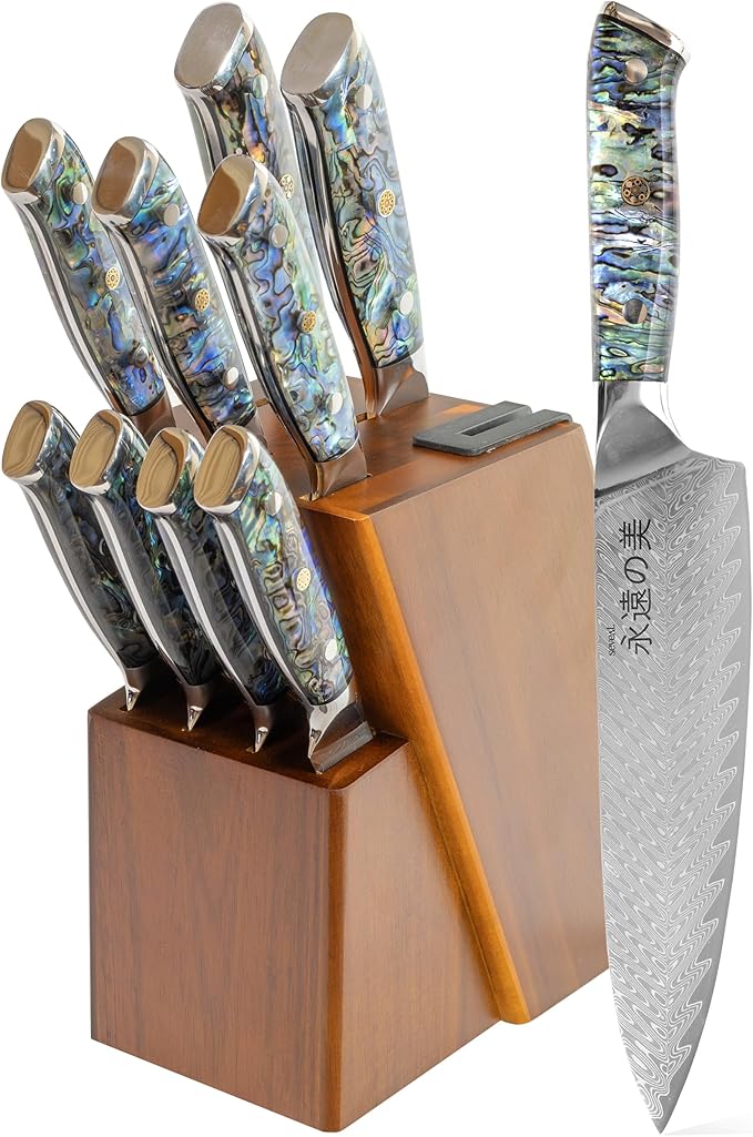 Damascus Kitchen Knife Set, 67-Layer Damascus Steel, Professional Chef Knives Set for Kitchen, Ergonomic Wood & Resin Handle (Blue, 9 pieces with Wooden Block)