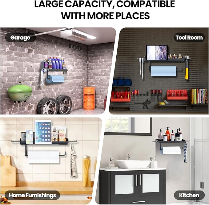 Garage Shop Paper Towel Holder Wall Mount, Garage Organization Paper Towel Phone Holder with Shelf and 2 Hooks, Heavy Duty Steel, One Hand Tear for Kitchen Garage and Utility Room RV Car