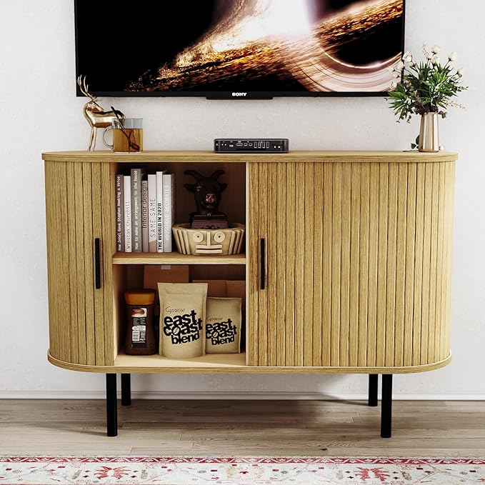 EAG Buffet Cabinet with Storage, 47" Fluted Cabinet with Sliding Doors/Adjustable Shelves/Curved Profile, Credenza Sideboard Cabinets for Living Room, Kitchen, Entryway