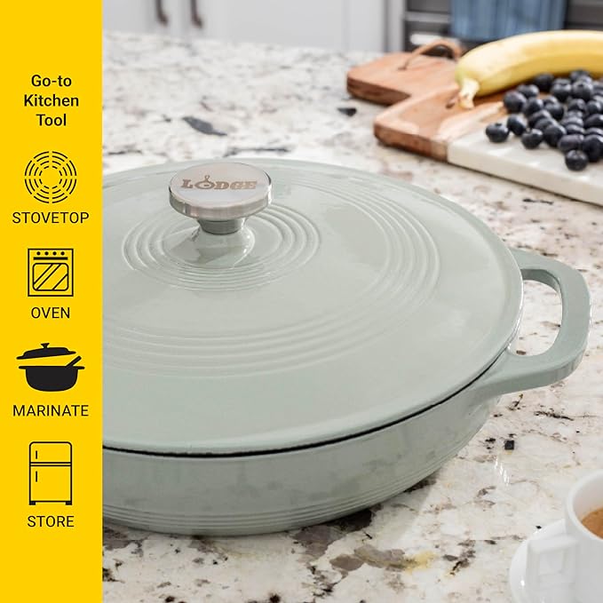 Lodge 3.6 Quart Enameled Cast Iron Covered Casserole with Lid ??Dual Handles ??Oven Safe up to 500째 F or on Stovetop - Use to Marinate, Cook, Bake, Refrigerate and Serve ??Desert Sage