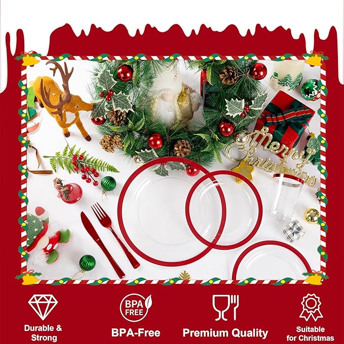 I00000 150pcs Red Disposable Plates | Clear Plates Red Trim,Silverware | Valentine's Day Dinnerware Set Perfect for Party (25 Guests)
