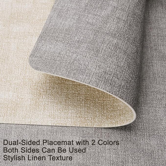 Myir JUN Reversible Vinyl Placemats Set of 8, Faux Leather Place Mats Dual Sided Waterproof Wipeable, Heat-Resistant Table Mats for Kitchen Dining Indoor Outdoor (12" x 17", Light Gray Cream-White)