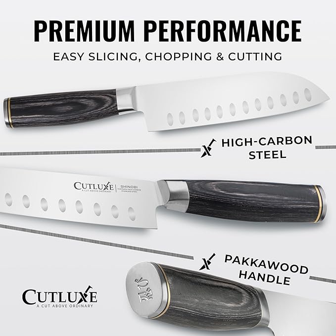 Santoku Knife ??Ultra Sharp 7 Inch Meat and Vegetable Japanese Knife for Chopping, High Carbon Stainless Steel Blade, Full Tang Pakkawood Handle ??Shinobi Series