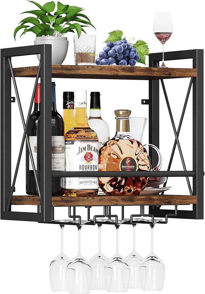 Homeiju Wall Mounted Wine Rack, Bottle & Glass Holder Wood-Metal Retro Wine Rack, Wine Bottles Display Wall Storage for Kitchen Dining Room Home Bar