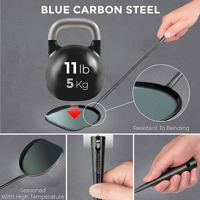 YOSUKATA 13.5??Blue Carbon Steel Wok Pan + Pre-Seasoned Blue Carbon Steel 17-inch Spatula and Ladle + Premium Wok Cover 13.5 inch Pan Lid