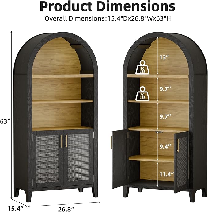 Arched Kitchen Pantry for, 63" Tall Wooden Entryway Storage Cabinet with 2 Doors & 5 Tier Adjustable Shelves, Versatile Farmhouse Hallway Organizer for Entryway, Bedroom, Dining Room