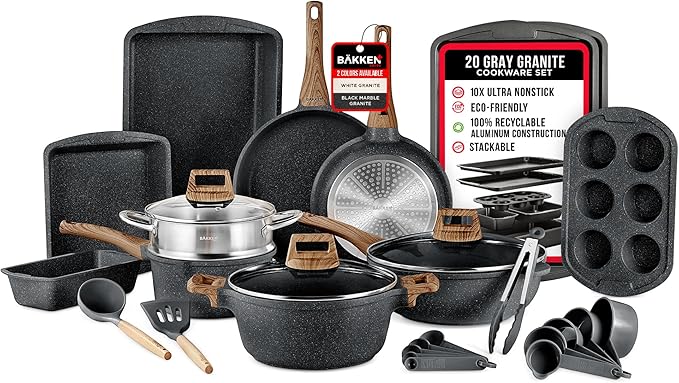 Bakken-Swiss 20-Piece Kitchen Cookware Set ??Granite Non-Stick ??Eco-Friendly ??for All Stoves & Oven-Safe - Marble coating