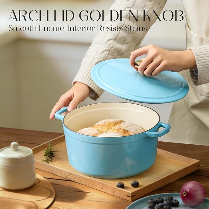 CAROTE 5QT Enameled Cast Iron Dutch Oven Pot with Lid, Heavy-Duty Dutch Ovens for Sourdough Bread Baking, Braising, Roasting, Dual Handles, Healthy & Non-Toxic, All Stovetop Compatible, Oven Safe up to 500째 F, Macaron Blue