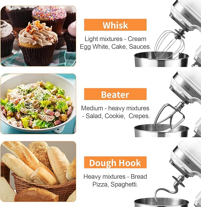 Geek Chef 3-IN-1 Stand Mixer, 4.8QT, 12 Speeds Tilt-head Food Mixer with Dough Hook, Whisk, Beater and Digital Scale with App, White