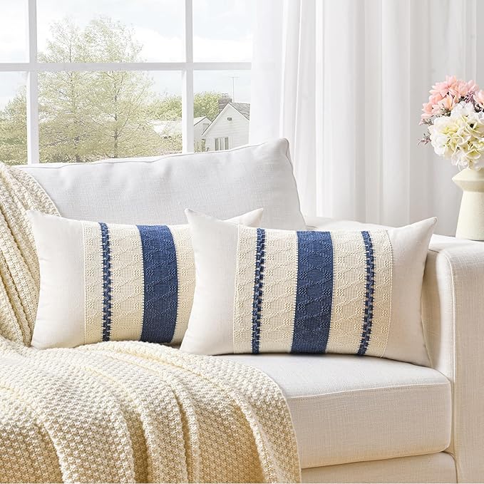 Fancy Homi Set of 2 Dusty Blue Vintage Long Lumbar Decorative Throw Pillow Covers 14x24 Inch for Couch Bed Chair Bedroom, Rustic Retro Square Cushion Case, Modern Farmhouse Boho Living Room Decor