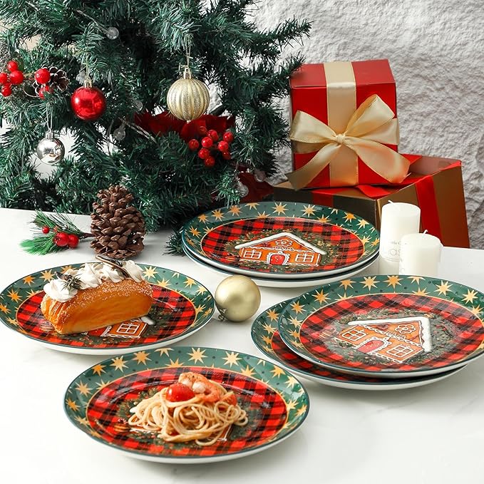 Ceramic Dinner Plates Set of 6,Stoneware 10 Inch,Microwave,Dishwasher and Oven Safe,Porcelain Dessert Plates for Pasta,Salad and Steak,Dishes Set for Kitchen,Scratch Resistant,Christmas
