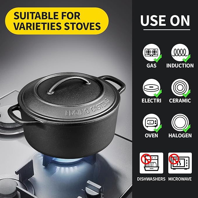 Pre-Seasoned Cast Iron Dutch Oven Pot with Lid Dual Handle, Sourdough Bread Baking Pots竊?Round 7 Quart, Black