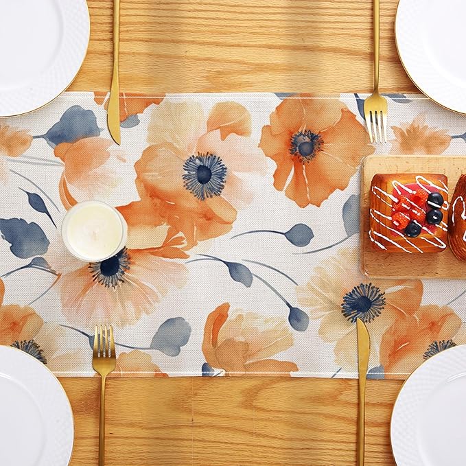 ZCHOMI Orange Floral Fall Table Runner 13x72 Inch Poppy Flower Seasonal Autumn Kitchen Dinning Table Decoration for Indoor Outdoor Home Party Decor