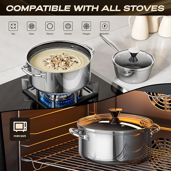 Hybrid Nonstick 4-Quart Stockpot,9.5 Inch Stainless Steel Stockpot with Glass Lid,PFAS PFOA PTFE Free, Dishwasher-Friendly,Oven-Safe Up to 600째F,Non-stick Soup Pot Compatible with All Cooktops