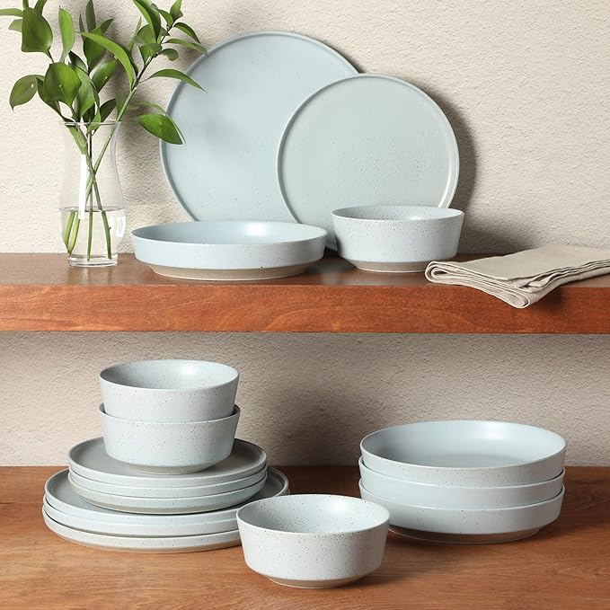 Gibson Elite Overbrook 16-Piece Pottery Clay Stoneware Dinnerware Set ??Light Blue Reactive Glaze, Stackable Plates and Bowls w/Pasta Bowl, Service for 4 ??Microwave & Dishwasher Safe