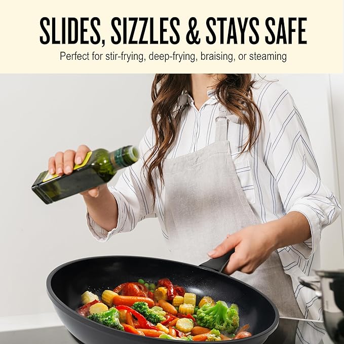 Alva Energy Ceramic Nonstick Frying Pan Set & Crepe Pan ??3-Piece, No PFAS/PFOA/PTFE, Ultra?멛ow Oil Release, Works on Gas/Electric/Induction, Lightweight & Easy Cleanup, Stay-Cool Handles