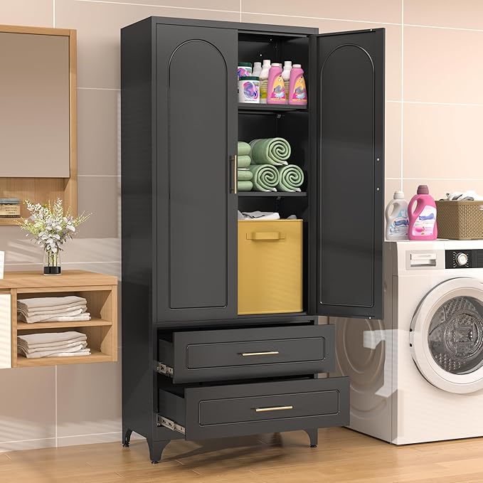 75??Metal Kitchen Pantry Storage Cabinet, Tall Storage Cabinets with Drawers and Adjustable Shelves, Modern Kitchen Hutch Cabinet竊똅reestanding Cupboard for Dining Living Room