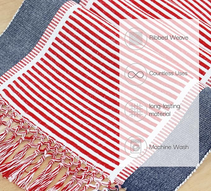 PurpleEssences 4th of July Table Runner - Wide with Dobby Stripe, Heavy Ribbed Weave & Double Knot Fringes, 14x90 Inch (14x95.5 with Fringes) Boho Farmhouse Decor - Veterans Day - Red Blue White