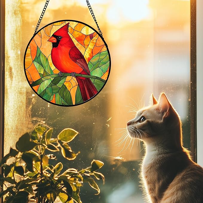 Stained Glass Window Hanging 4 Pcs Set Birds Large 11.8" - Cardinal Blue Jay Suncatcher Door Garden Sun Catcher Decor Birthday Christmas for Bird Lovers Mom Woman Nana Men