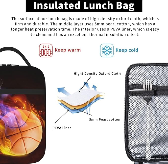 Basketball Lunch Box with Fire Pattern, Sports-themed Lunch Bag for Kids Teens Adults Boys Men, Insulated Leakproof Waterproof Reusable Lunch Bags Portable Durable Cooler Tote Bag with Mesh Pocket